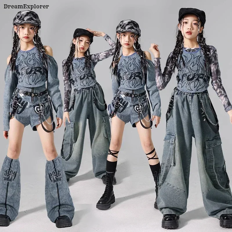 Джинсовый укороченный топ K-pop для девочек джинсы-карго уличных танцев брюки