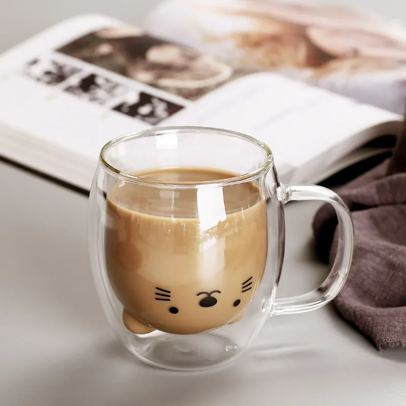 

Прозрачные кофейные кружки с изображением кошки, стеклянные термокружки, двухслойная Милая чайная чашка, оригинальные Термостойкие чашки ...