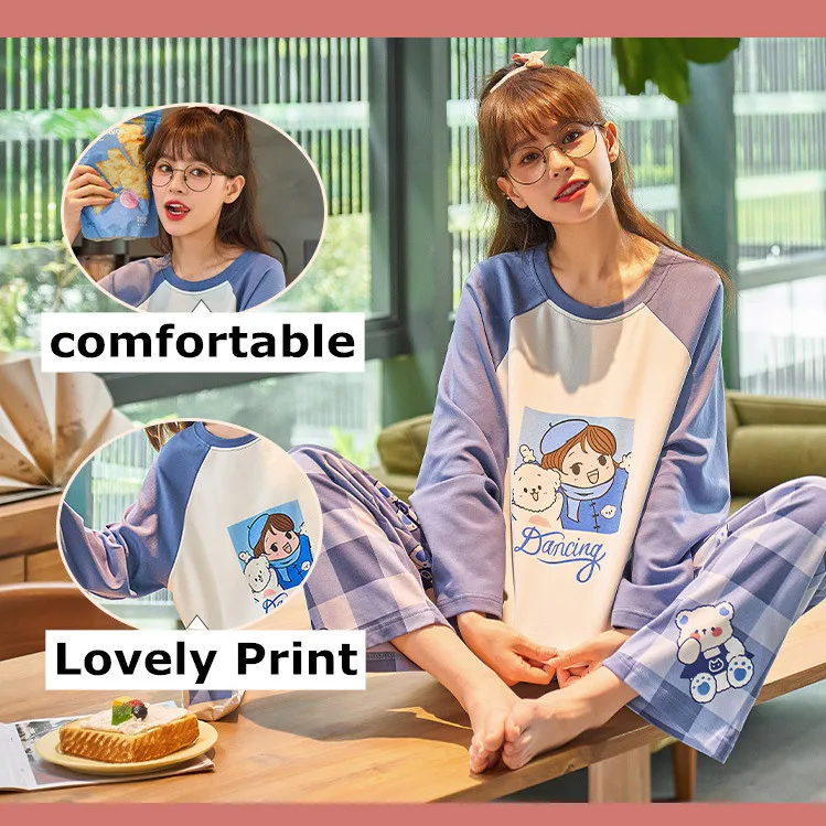 Yasuk Spring Autumn Fashion Women's Casual Lovely Soft Cotton Sleepwear Homewear Couple Pajamas Set With Pants Stripe Print Plai