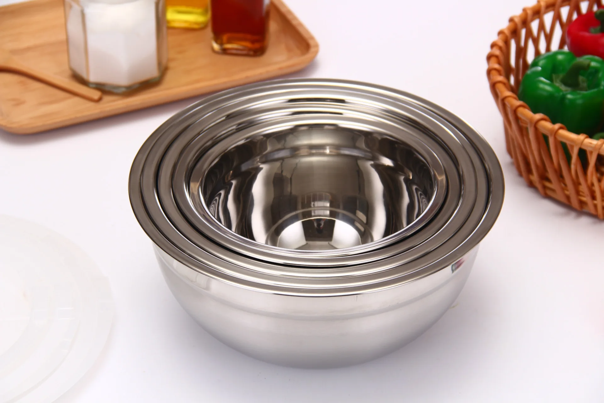 

5 Pcs 20/22/24/26/28 Cm Silicone Cover Stainless Steel Circular Solid Egg Salad Bowl with Lid for Baking Soup Kitchen Set