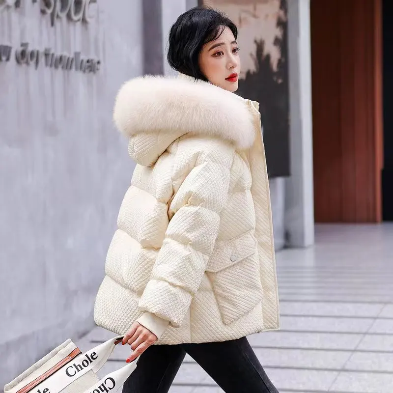 Hooded Women Windbreaker 2023 Winter Korea Fashion Down Cotton Coat Women Plush Coat White Jacket