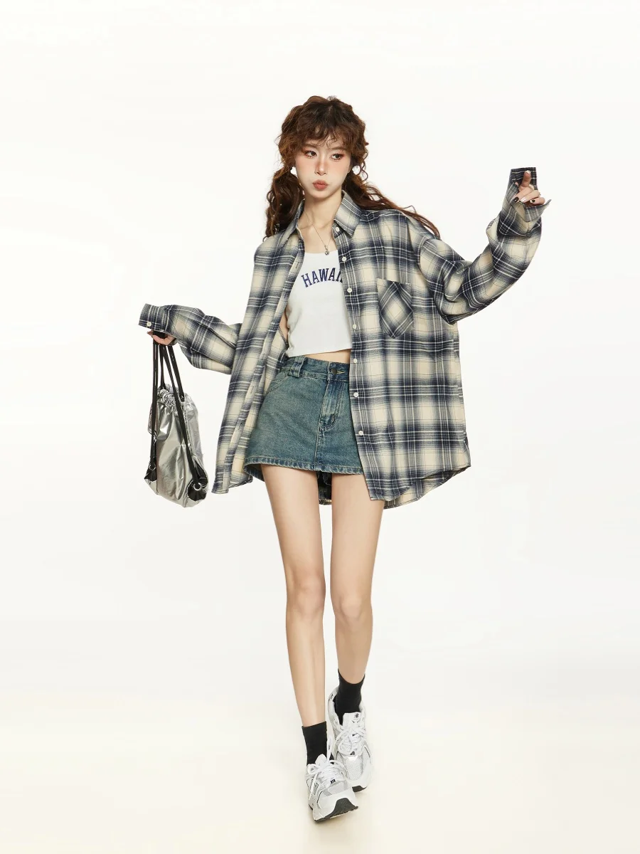 Американские клетчатые рубашки с длинными рукавами Верхняя одежда Женская весна