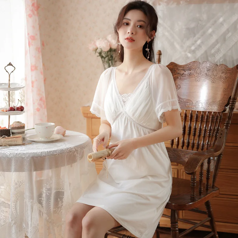 

White Nightdress Short Sleeve Women's Summer New Cotton Padded Short Skirt Palace Princess Lace Sweet Nightdress Home Clothes