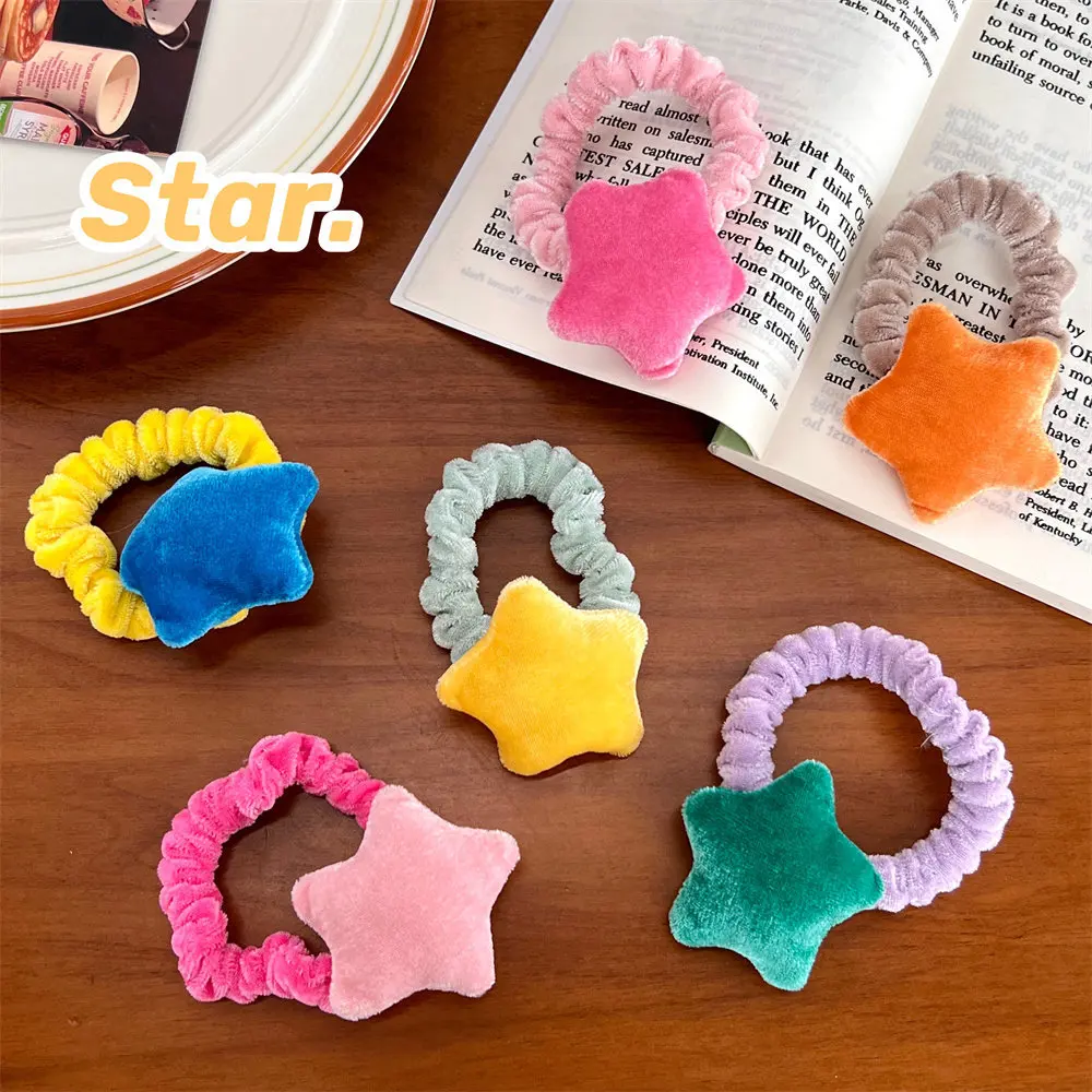 

Solid Color Cloth Plush Sponge Big Star Pentagrams High Elastic Hair Band For Girl Kids Cute Sweet Soft Bun Ponytail Rubber Ties
