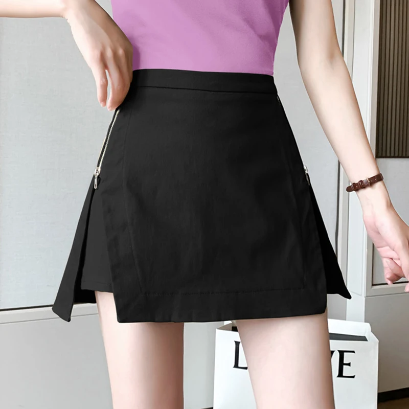 

Women High Waist Zipper Patchwork Solid Shorts Skirts Summer Chic Slim Fit Casual A-Line Pockets Cotton Korean Loose Mini Skirt
