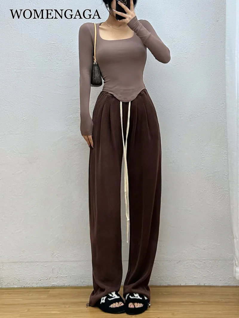 

WOMENGAGA American Street Wide LegPants Straight Tube Loose Slim High Waist Strap Drawstring Sweatpants Women Trousers XO9B