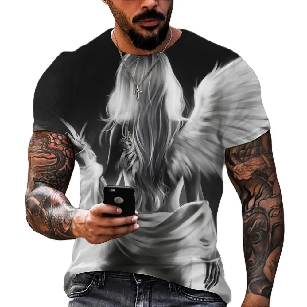 Купи Mens Vintage T- Shirts 3D Angel Print Sweatshirt Casual Loose Short Sleeve Tops Tees Oversized T Shirt For Men Clothing Camiseta за 135 рублей в магазине AliExpress