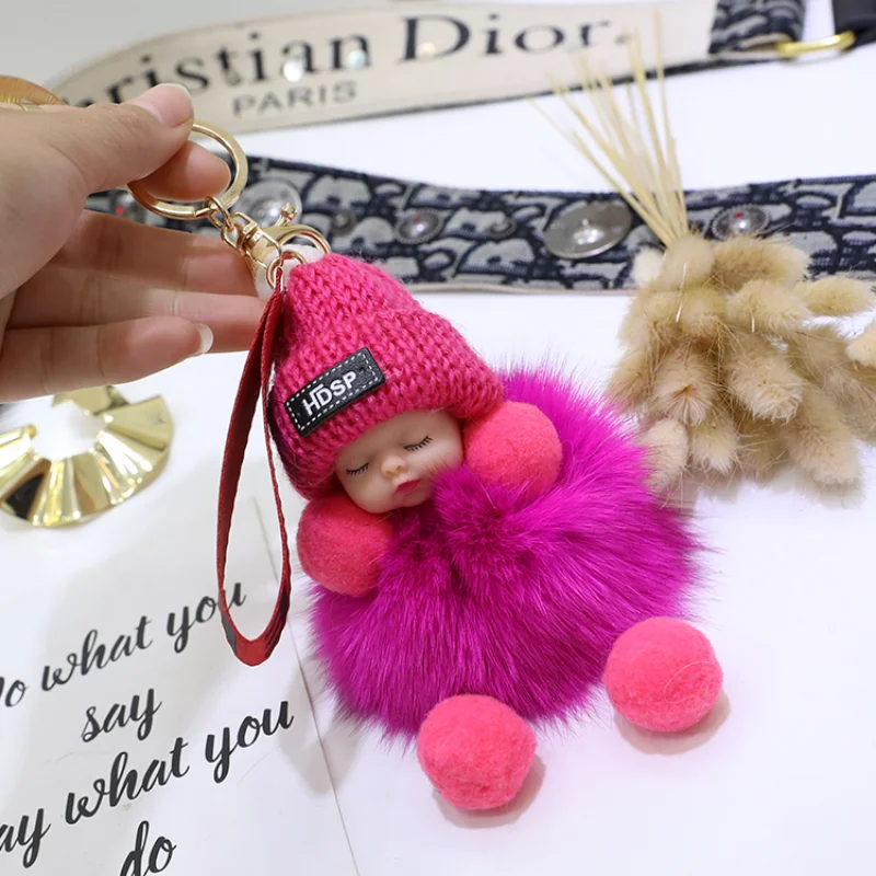 

Sleeping Doll Real Fox Fur Handmade Cute Key Chains Keychains Bag Accessory Car Handbag Keychain For Women Girls Keyrings Gifts