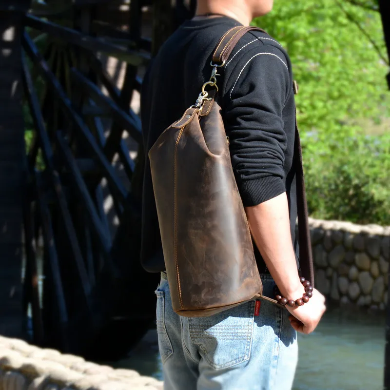 Vintage cylinder designer natural genuine leather men's chest bag fashion casual crazy horse cowhide shoulder crossbody bags