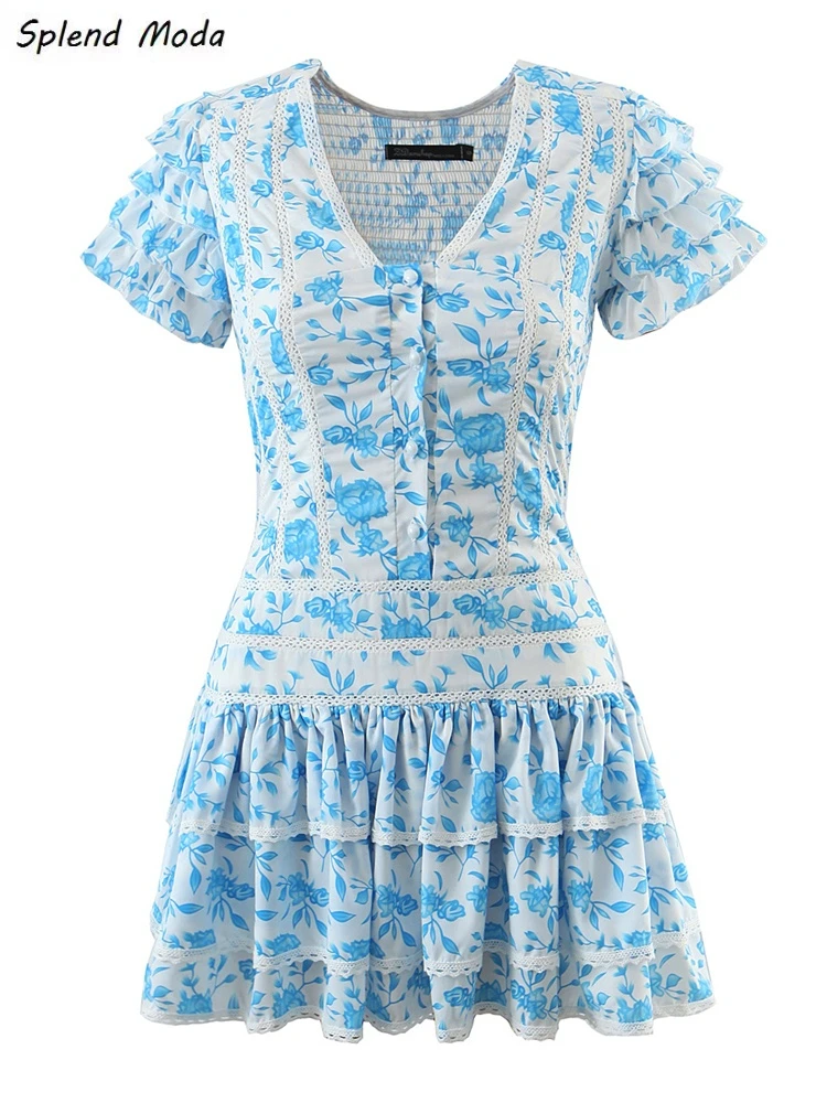 

Splend Moda French Vintage 2022 Spring New Fashion Lace Stitching Cascading Ruffle Floral Print Elastic Waist Slim Dress Women