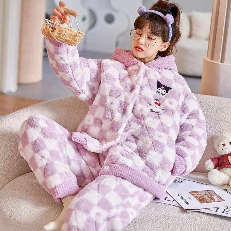 

Новинка Sanrio Kawaii Kuromi трехслойная хлопковая Коралловая флисовая пижама брюки милые женские утепленные зимние домашние ночные рубашки комплект