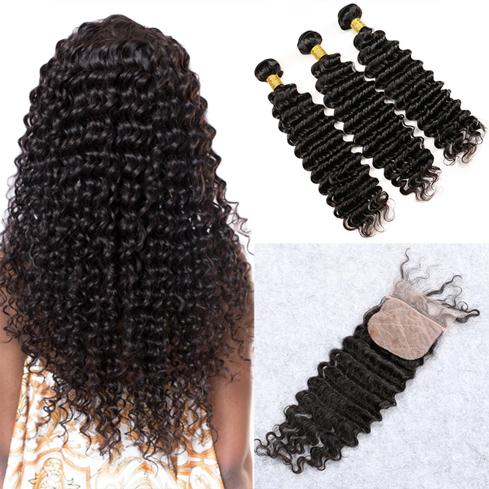 

Wave Closure And Bundles Remy Hair 3/4 Weft Bundles With Closure Brazilian Deep Wave Wig With 4x4 Silk Base Closure Human Hair