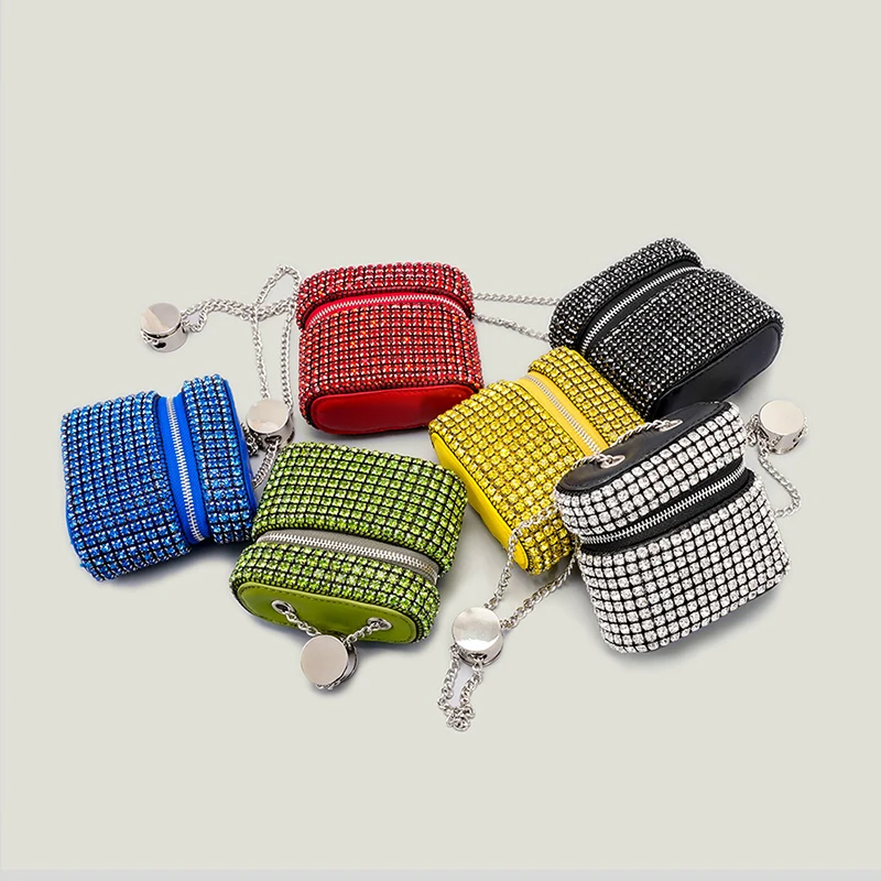 

Summer New Personality Shiny Rhinestone Women Handbags Small Mini Lipstick Headphone Mini Handbag Small Square Purses