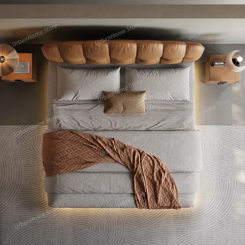 Фото Роскошная кровать-чердак King Size с кожаной спинкой, двойным местом, подсветкой и местом для хранения, для взрослых, мебель для спальни №2