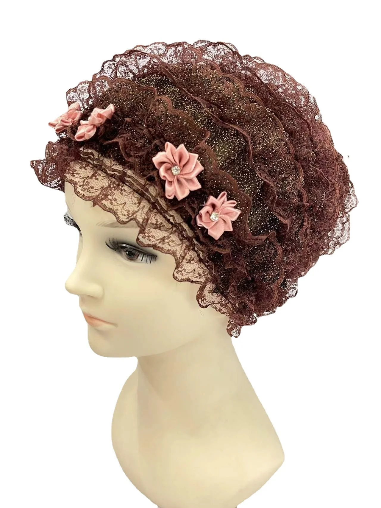 

Arab Fashion New Muslim Breathable Floret Cap Lace Super-elastic Mesh Women's Head Cap With Diamond Applique Indian Head