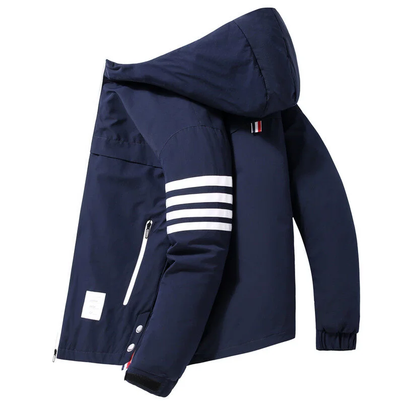 Winter Men Down Jacket Hooded TB Striped Warm Coat Long Sleeve Zipper Thicken Pocket Short Slim Large Size