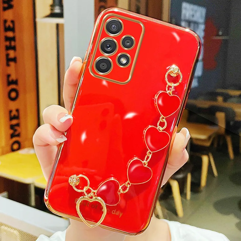Love Heart Wrist Chain Phone Case For Samsung Galaxy A13 A32 A53 A73 A30 A53 A11 A31 A71 A52 A72 A21S S21 Plating Bumper Cover