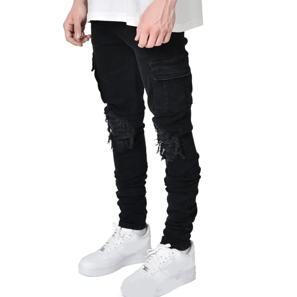 Men's Ripped Cargo Jeans Streetwear Black Slim Denim Man Pants Casual Cotton Straight Trousers Multi Pockets Men Skinny Jeans