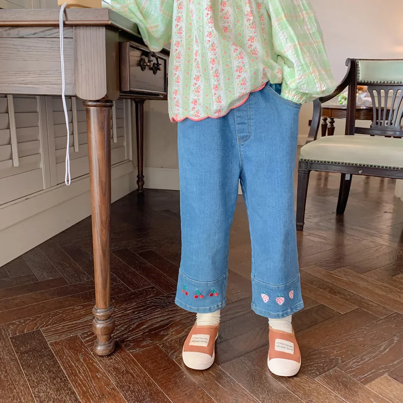 

Джинсы для девочек с вышивкой, повседневные однотонные брюки в Корейском стиле для подростков, весна-осень 2022