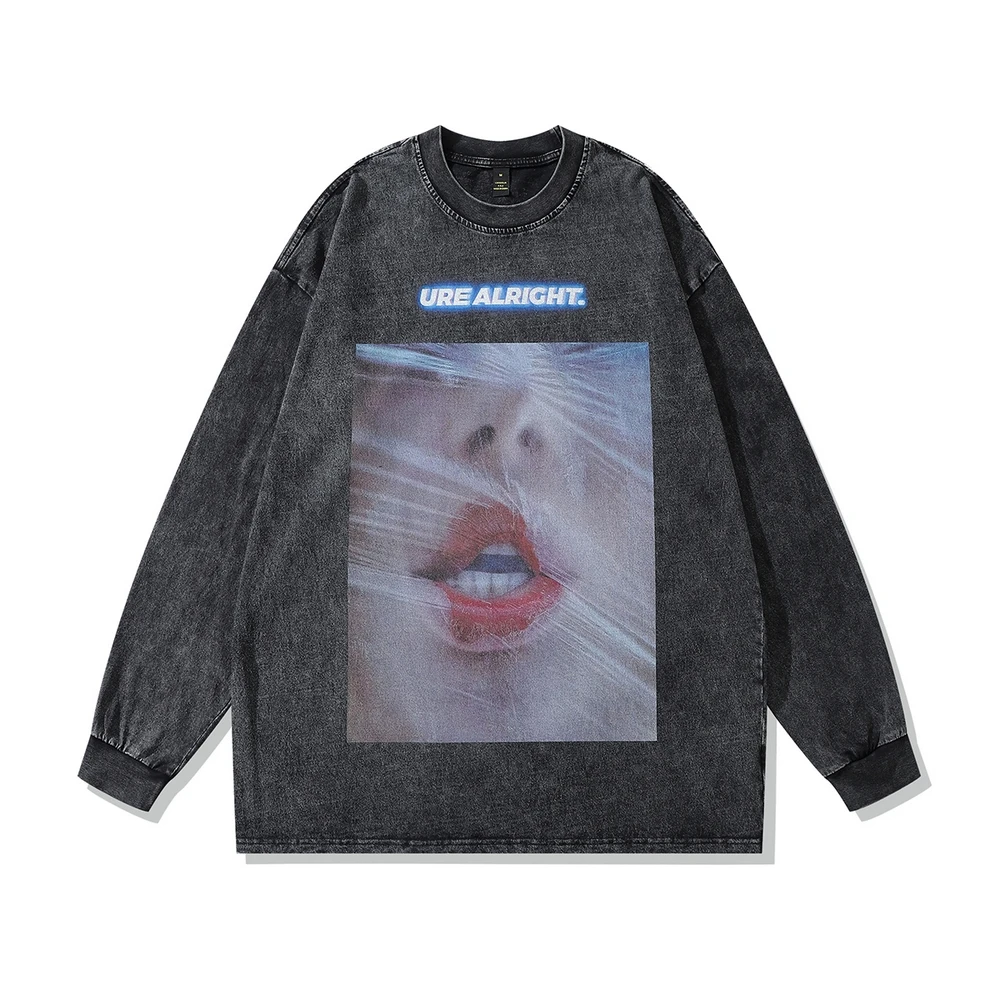 

Мужская хлопковая футболка с длинным рукавом, свободная Готическая футболка большого размера с принтом губ, черного, красного цветов, весна...