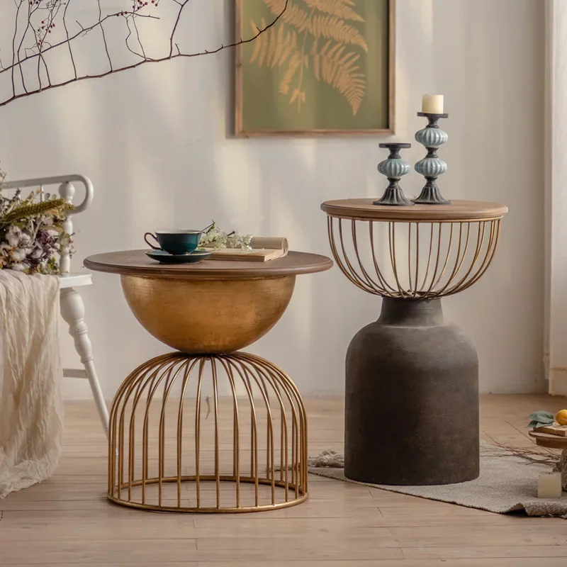 

Metal Aged Table Size Round Set Literary Bedroom Living Room Solid Wood Small Gloss Tea Table Vintage Mesa Centro Room Decor