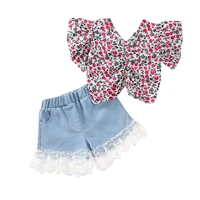 2pcs children kids baby girls outfits floral print v neck short sleeve top lace trim denim shorts set summer baby clothing 1 6 y
