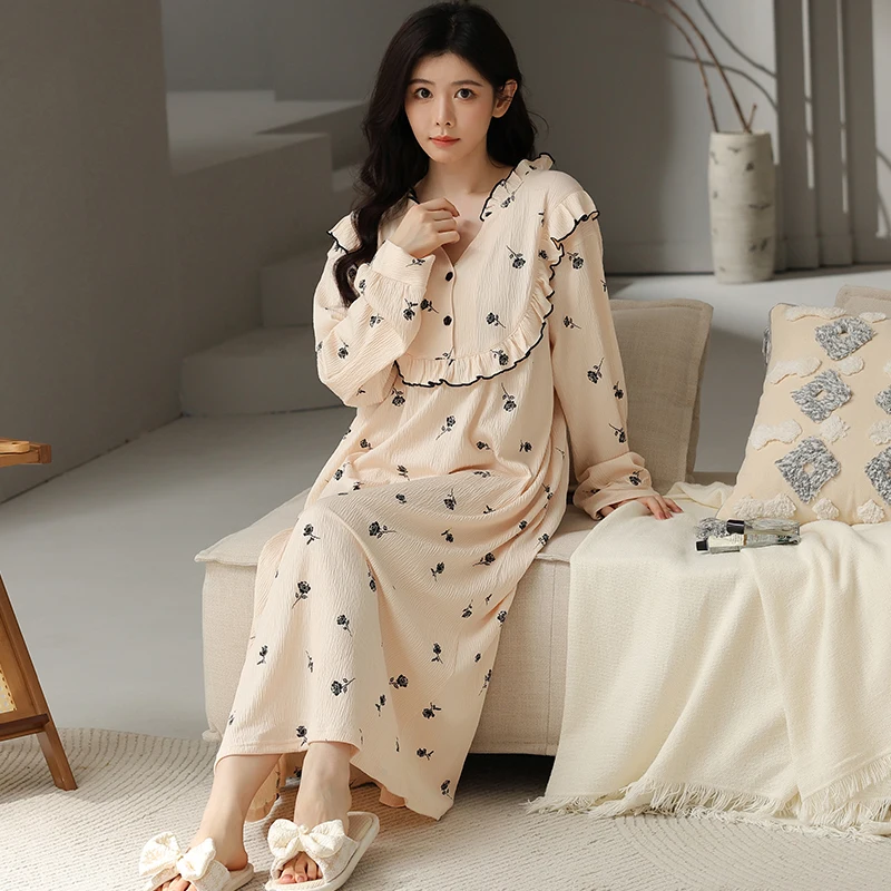 

Осенняя длинная ночная рубашка с V-образным вырезом и цветочным принтом, ночная рубашка с длинным рукавом, хлопковый Повседневный тренировочный костюм, пижама, женская одежда для сна с юбкой большого размера