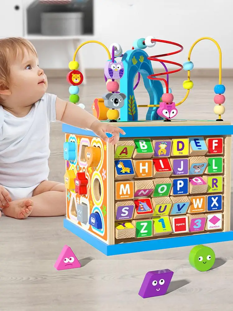 

Wooden Activity Play Cube 5-Side Activity Center Learn Puzzle Toy