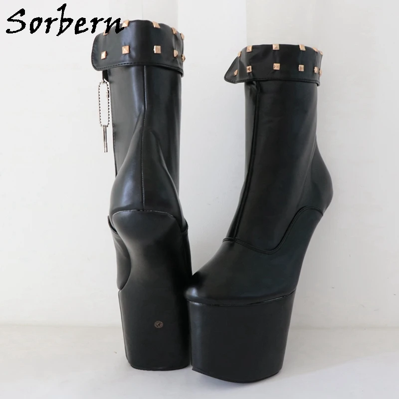 Sorbern Lockable Zipper Heelless Boots Rivets Punk Style Booties Ankle High No Heel Shoes Fetish Unisex Shoes SM Custom Colors images - 6