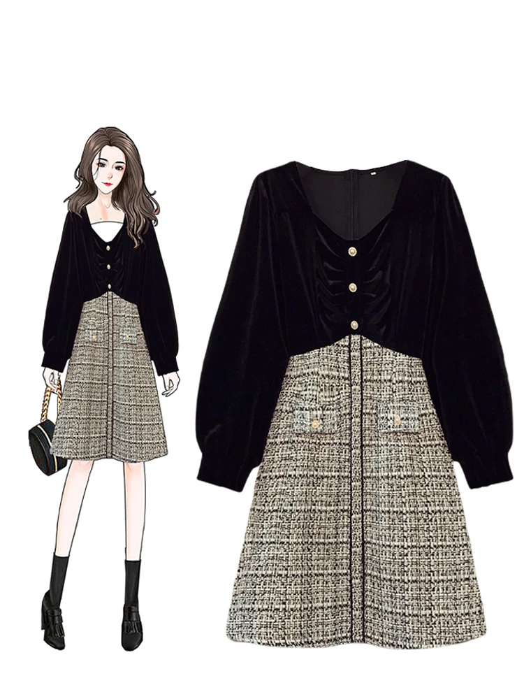 Cara Plus size Graceful Velvet Dress Women Autumn and Winter 2024 New Sle Fat Sister Western Age-Reducing A- line Skirt