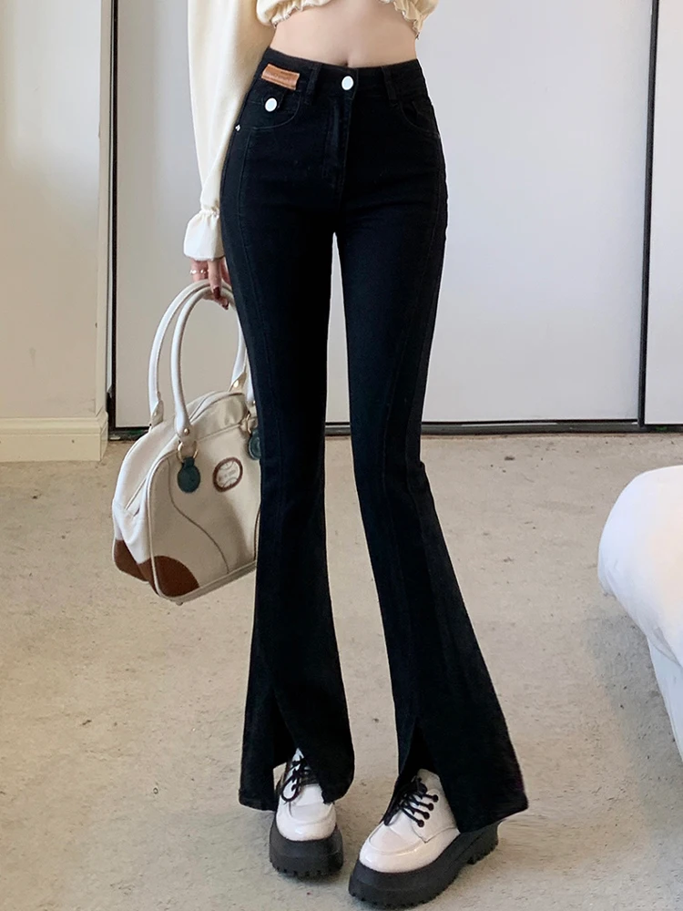 Casual Slim Stretch Jeans With High Waist Split Flared Trousers 2023 New Fashion Women'S Clothing