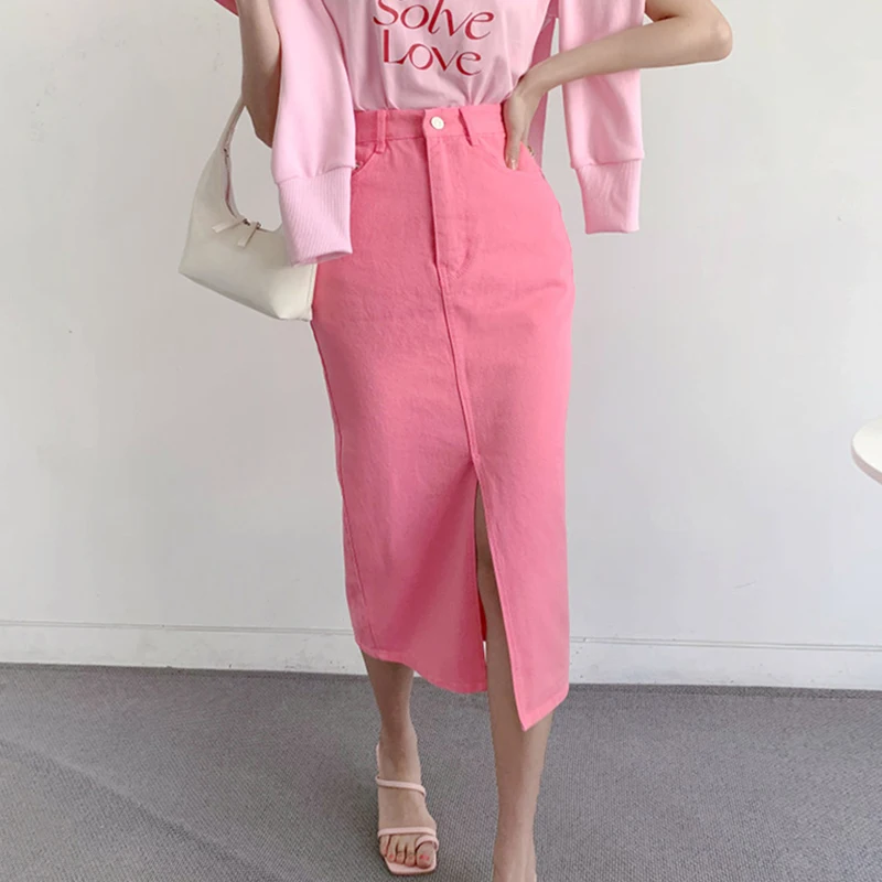 

Korean Fashion High Waist Split Pink Denim Skirts Women 2023 Spring Summer A-line Jeans Skirts Vintage Slim Skirt Female Jupe