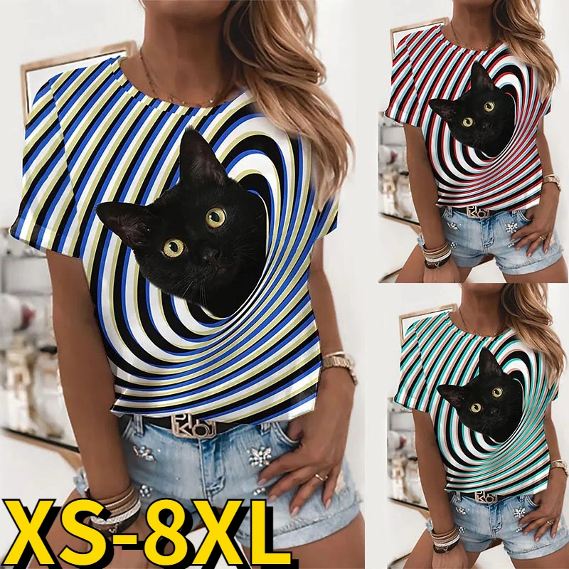 

Loose Top Summer Women Comfortable Short Sleeve Fashion Round Collar T-shirt Cat Print Top Comfortable Breathable Elegant Tee