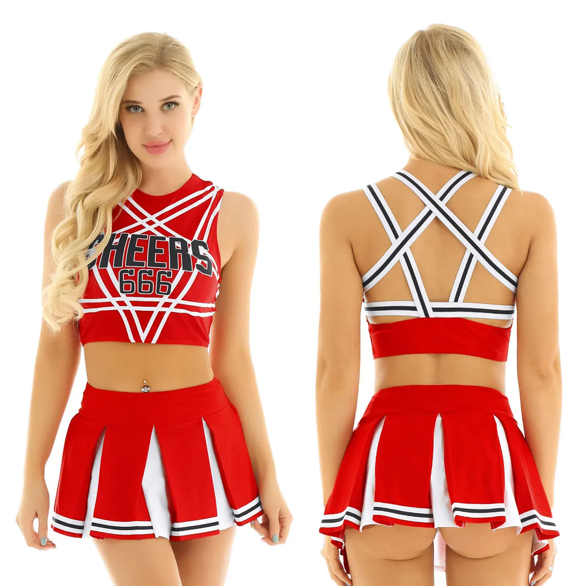 

Women Charming Cheerleader Uniform School Girls Cosplay Costumes Set Pentagram Back Crop Top with Mini Pleated Skirt Outfit