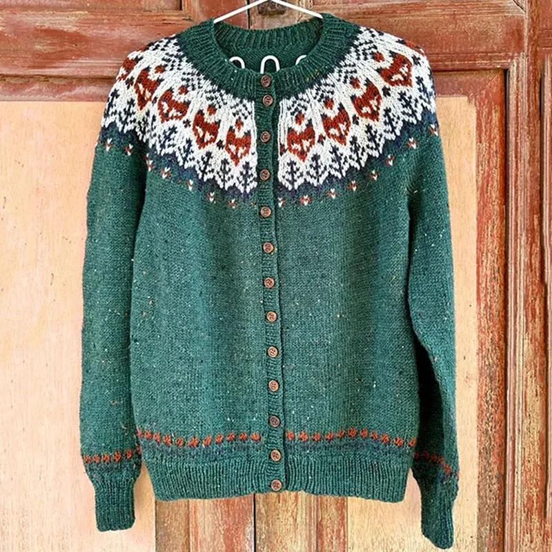 Женский трикотажный жаккардовый кардиган в этническом стиле однобортный свитер