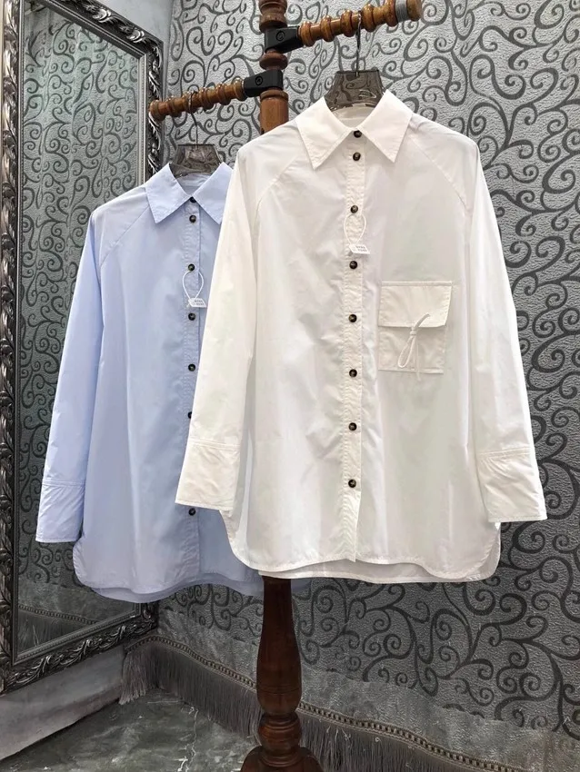 Женская рубашка с отложным воротником белая или синяя Повседневная Свободная