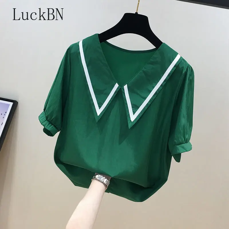 Женская свободная рубашка с коротким рукавом, однотонная милая блузка, лето 2022