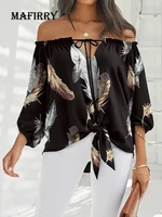 women long sleeve sexy slash neck blouse 2022 summer casual lacing up feather printed tops elegant female backless loose shirt
