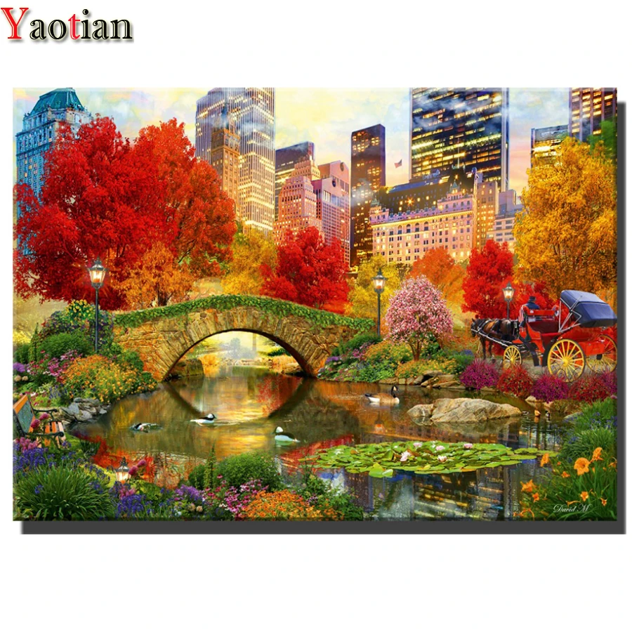 

Diamond Painting Full Square Autumn City Water Lily Pond Landscape 5D DIY Diamond Embroidery Picture Of Rhinestone Mosaic Kits