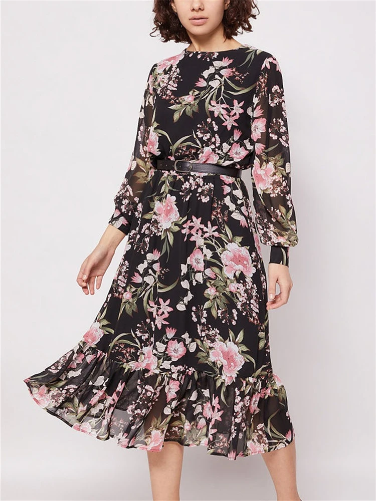 

Женское платье-миди с цветочным принтом, без пояса