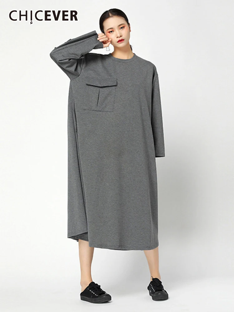 

CHICEVER Casual Loose Solid Dresses For Women Round Neck Long Sleeve Oversize Midi Dress Female Fashion Spring Clothing New 2022