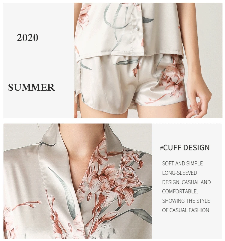 Sleepwear Long Robe Suit Women 3pcs Sling Top Shorts Robe Set Silk Satin Night Robe Print Fashion Bathrobe Bride Bridesmaid Robe