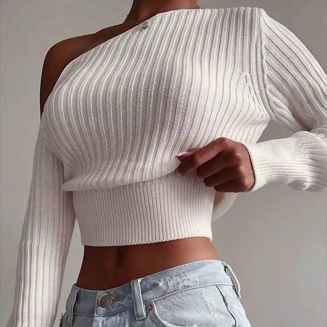 

Women's Fashion Tops Unique One Shoulder Female Spring Sweater Tops Sexy Party Casual Cozy Lady Knitted Sweater Tops