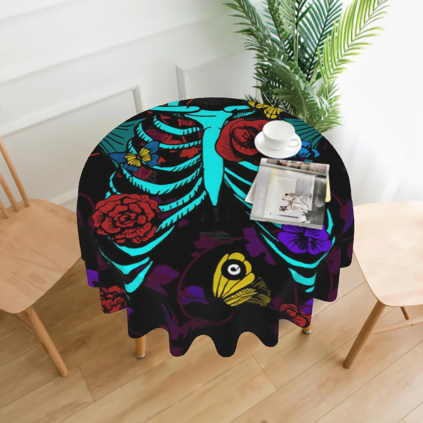 

Rose Skull Butterflies Bright Neon ColorsTablecloth 60 Inch Round In Home Table Cloth Waterproof Fabric Farmhouse Tablecloths