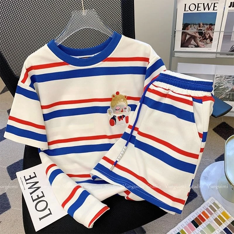 

2023 Sweet Sweat Suit Knit Set Women Short Sleeve Striped Embroidery T Shirt and Shorts Two Piece Set Loose Trkacuist Lady