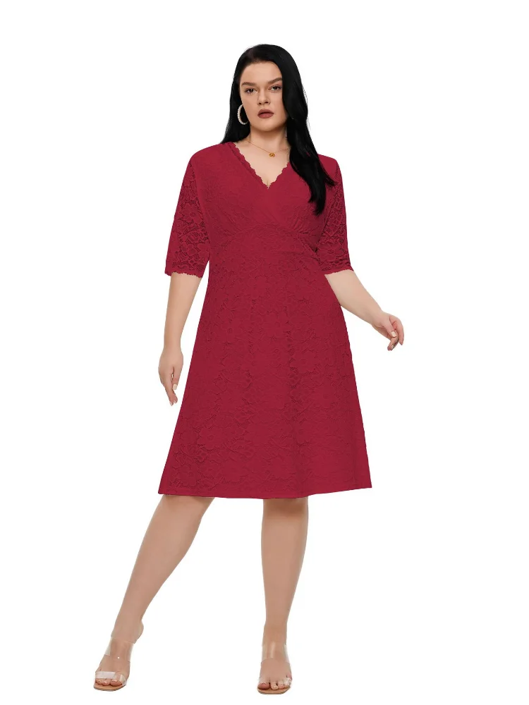 Large Evening Dress Short Dress Hollow Lace Dress long sleeve plus size women clothing fashion