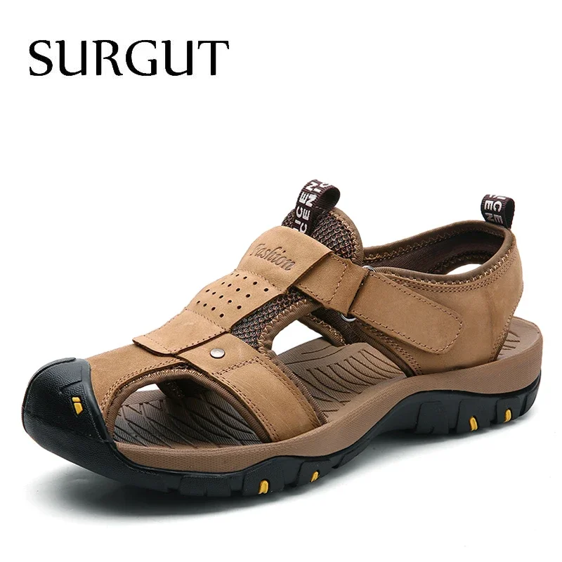 

SURGUT Summer New Sandals Men Leather Classic Roman Sandals 2023 Slipper Outdoor Sneaker Beach Men Water Trekking Casual Sandals