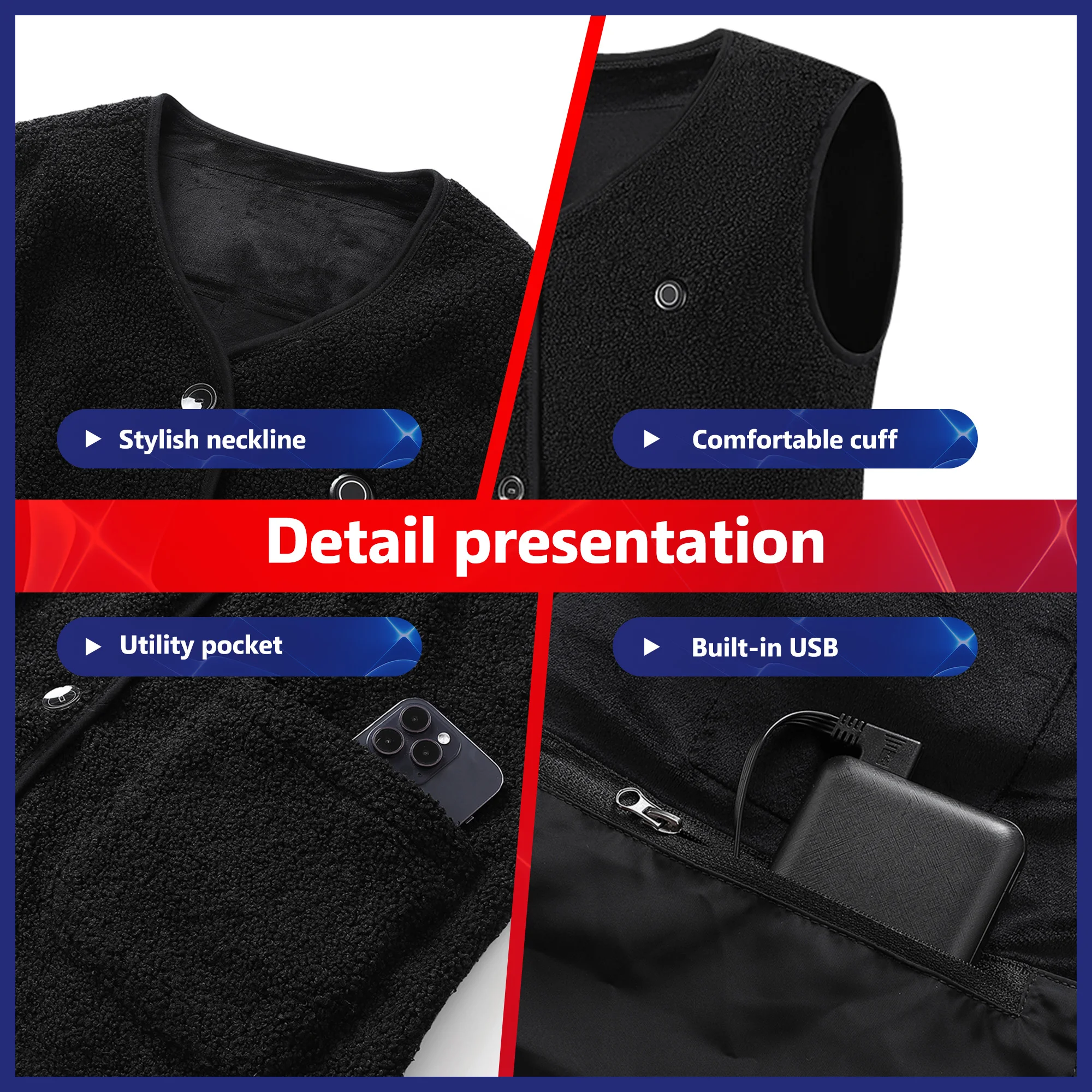 Жилет с подогревом шерстяной флисовый V-образным вырезом и USB-зарядкой