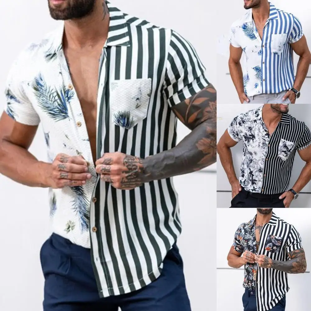 

New Fashion Men's 2021 Bicolor Casuald Short Sleeve Printed Embroidery Pattern Clothes LightWeight Button-Down Male Shirt Large