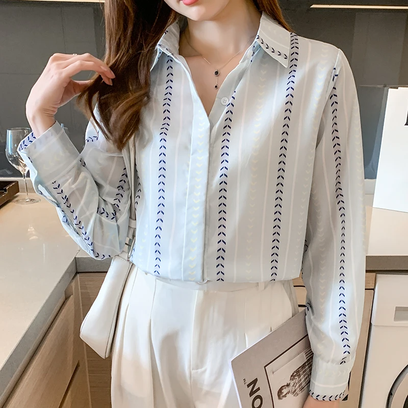 

Satin Loose Women's Shirts Casual Long Sleeve Blouses New Fashion Summer Stripe Polo Collar Korean Style Female Clothing